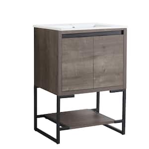 18 in. W x 24 in. D x 35 in . H Freestanding Bath Vanity in Grey Oak with White Cultured Marble Top