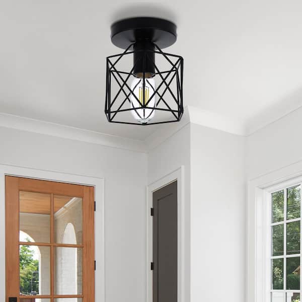 Briignite 6 in. 1-Light Black Industrial Semi-Flush Mount Ceiling Light, with Metal Cage Shade for Porch and Hallway