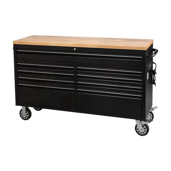 61 in. W x 18 in. D Heavy Duty 9-Drawer Mobile Workbench Cabinet Wood Top Tool Chest with Wheel and Power Outlet, Black