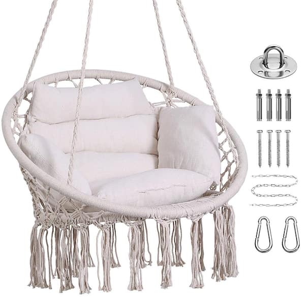 2 ft. Beige Hammock Chair, Macrame Hanging Swing Chairs with Cushion and Hardware Kit, 260 lb. Weight Capacity