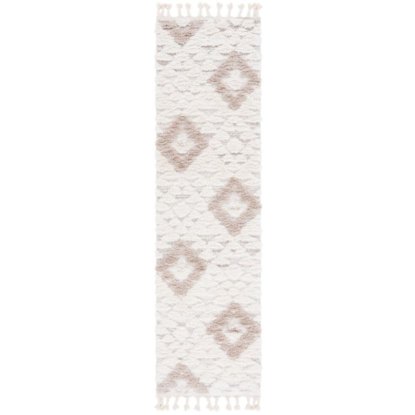 Moroccan Tassel Shag 2 ft. x 10 ft. Ivory/Beige High-Low Geometric Fringe Runner Rug