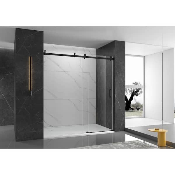 EPOWP 60 in. W x 76 in. H Single Sliding Frameless Shower Door in Matte Black Finish with Clear Glass