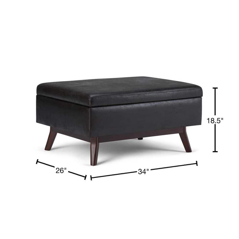Mid-Century Modern Distressed Black Wood Rectangular Storage Ottoman