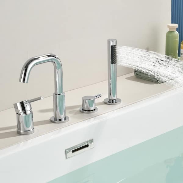 2-Handle Deck-Mount Roman Tub Faucet 180° Rotating Tub Faucet with Handheld Shower in Chrome