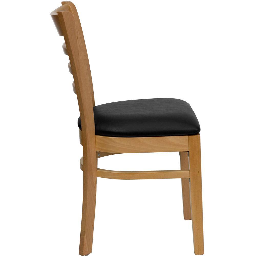 Natural Wood Ladder Back Side Chair with Black Vinyl Seat