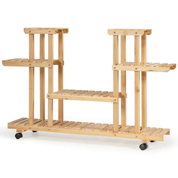 WELLFOR 31.5 in. Tall Wheels Indoor Outdoor Natural Fir Wood Plant Stand (4-Tiered)