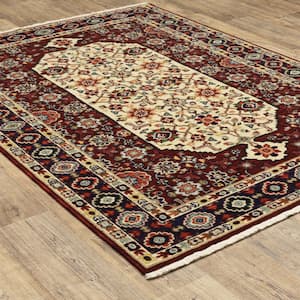 Lillian Red/Ivory 10 ft. x 13 ft. Oriental Traditional Bohemian Wool/Nylon Blend Fringed-Edge Indoor Area Rug
