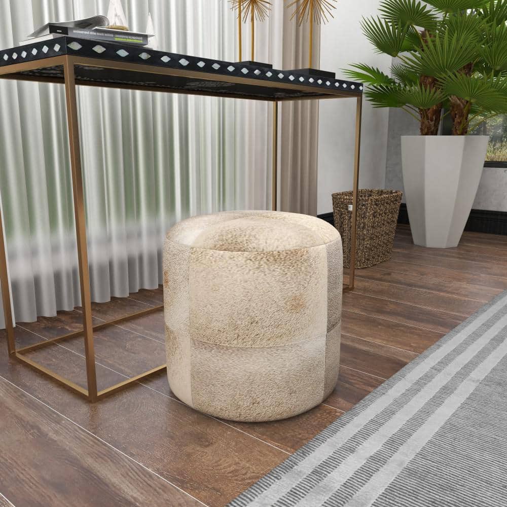 Gray Handmade Cowhide Patchwork Pouf Ottoman 16" x 16" x 16"