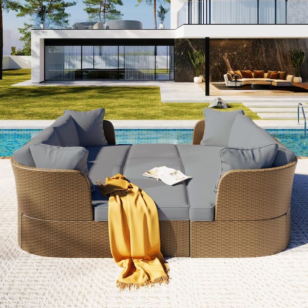 Unbranded 5-Piece Wicker Outdoor Patio Conversation Set, Furniture Sofa Set with Storage Ottoman, for Backyard, Gray Cushions