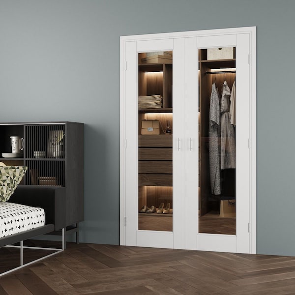 48 in. x 80 in. 1-Lite Clear Glass Universal White Solid Core MDF Double Prehung French Door w/Separate Jamb&Ball Catch