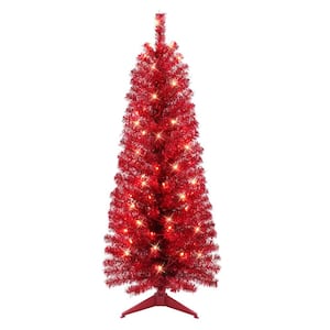 4.5 ft. Pre-Lit Red Tinsel Artificial Christmas Tree, 160 Tips, 70 UL Clear Incandescent Lights