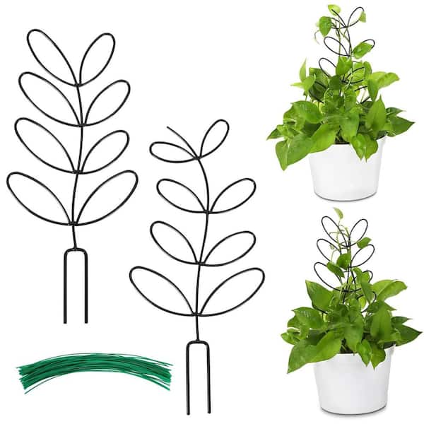 2 Pack 12" Leaf Shape Indoor Plant Trellis - Houseplant Support with 50 Ties (Black)