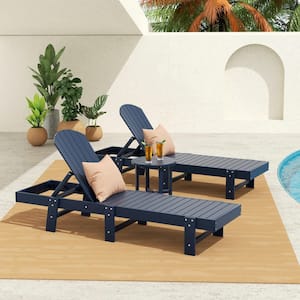 Altura 3PC Outdoor Patio Classic Adjustable Adirondack Backrest Chaise Lounge and 18 in. Round Side Table Set, Navy Blue