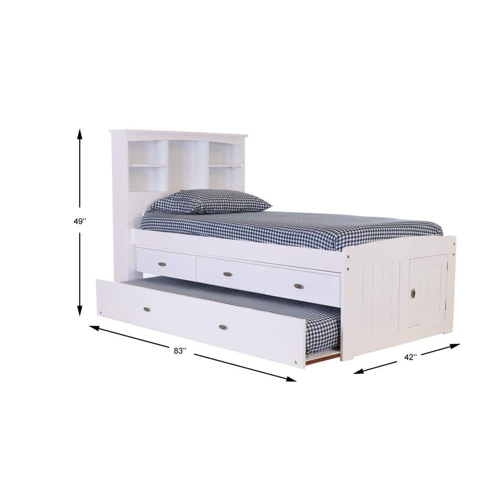 Casual White Twin Captain's Bookcase Bed with Trundle and Storage