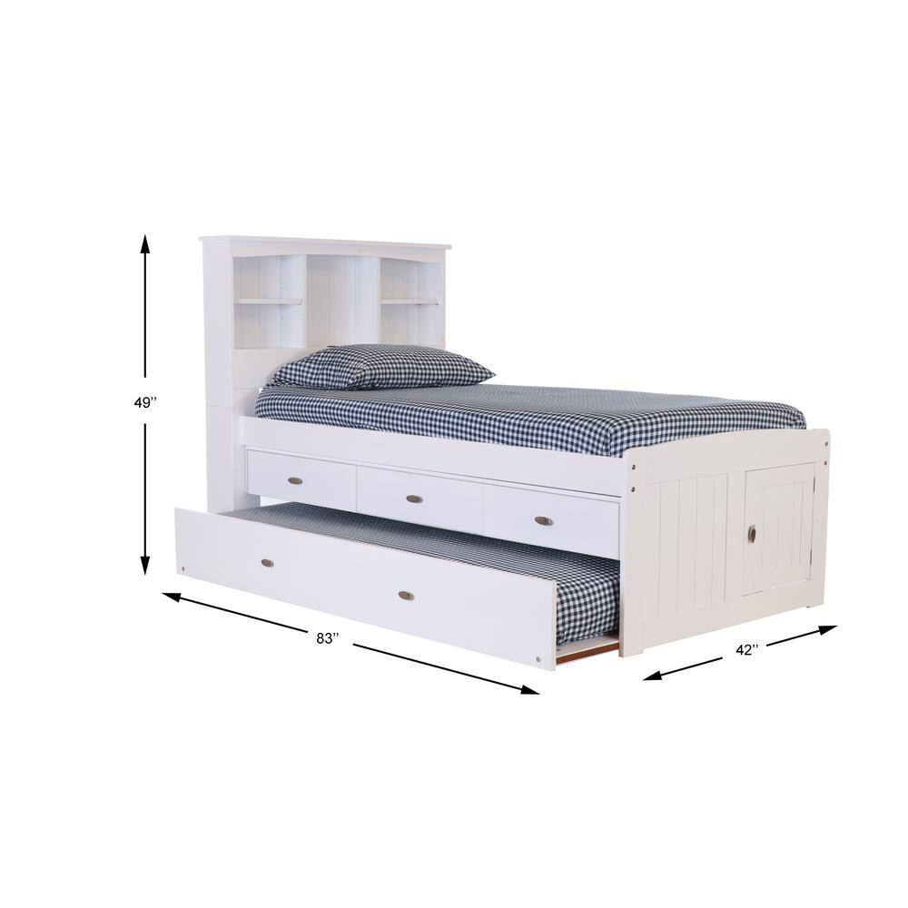 Charcoal Gray Solid Wood Twin Captain's Bed with Bookcase and Trundle