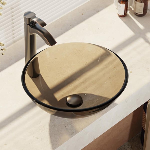 Rene Glass Vessel Sink in Cashmere with R9-7006 Faucet and Pop-Up Drain in Antique Bronze