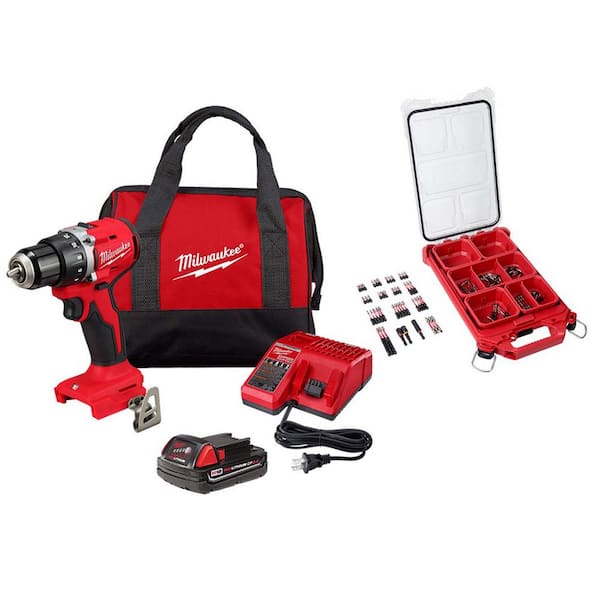 Milwaukee M18 18V Lith-Ion Brushless Cordless 1/2 in. Compact Drill/Driver w/One 2.0 Ah Battery, Charger & Bit Set (100-Piece)