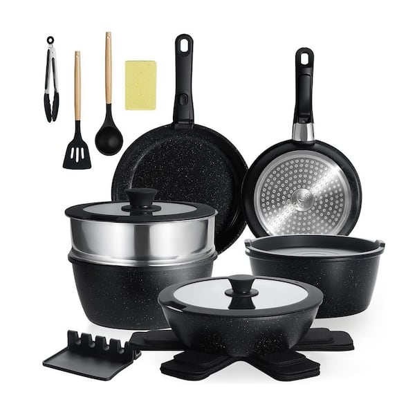 21-Piece Black Ceramic Nonstick Cookware Set with Removable Handles, Stackable Design, Multi-Stove Compatible