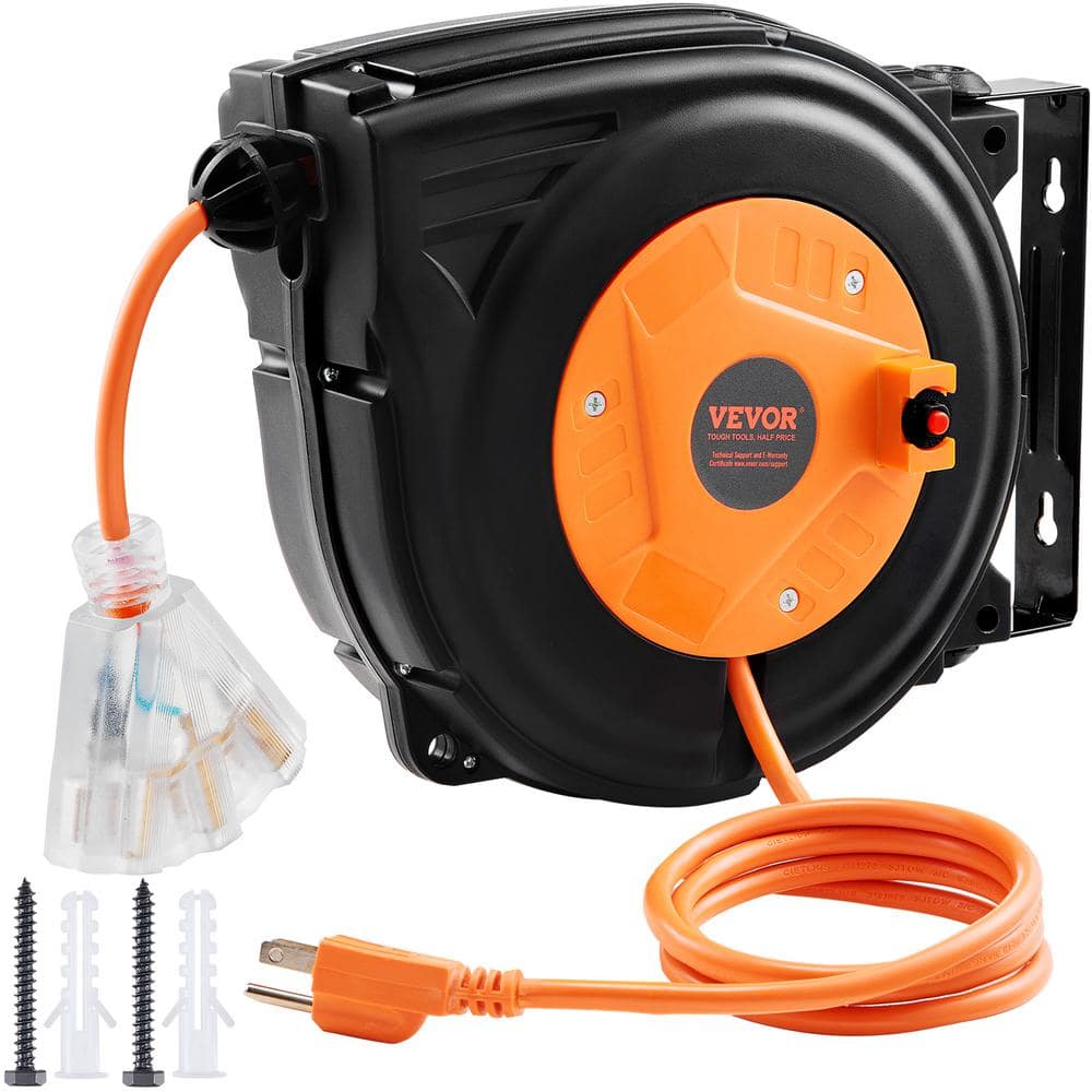 inverse retractable power electrical reel with indoor style receptacles,  length: 20' ft, wire type: SJTW, gauge: 14/3, plug: 5-15P, 4 receptacle:  5-15R, 1875 watts, UL listed 50-ft. 14/3 SJT, 15 Amp 14 awg gauge