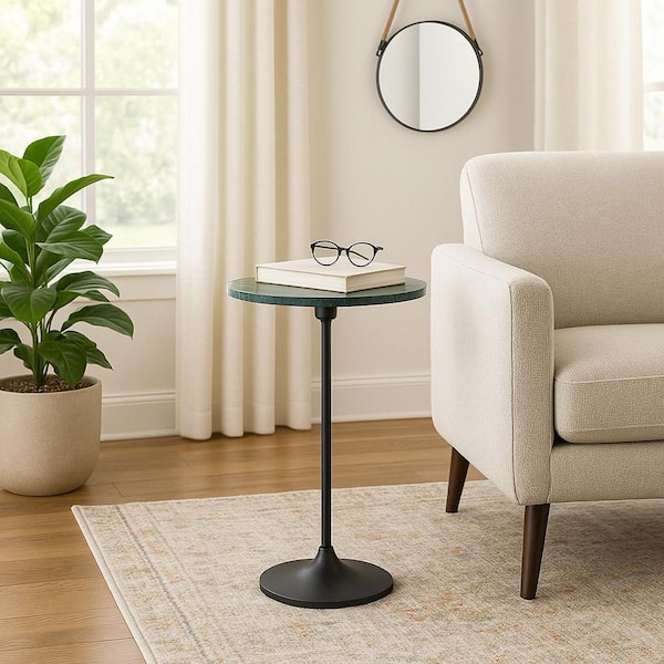 10 in. Green Round Marble Top End Table with Metal Base