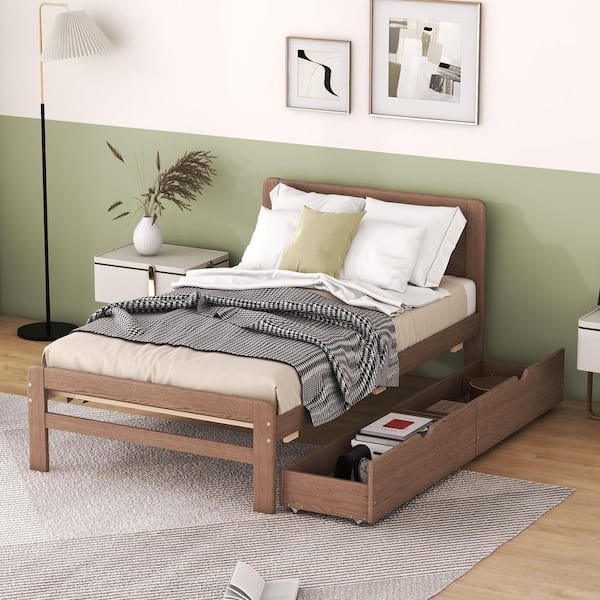 Walnut Brown Wood Frame Twin Size Platform Bed with 2 Drawers