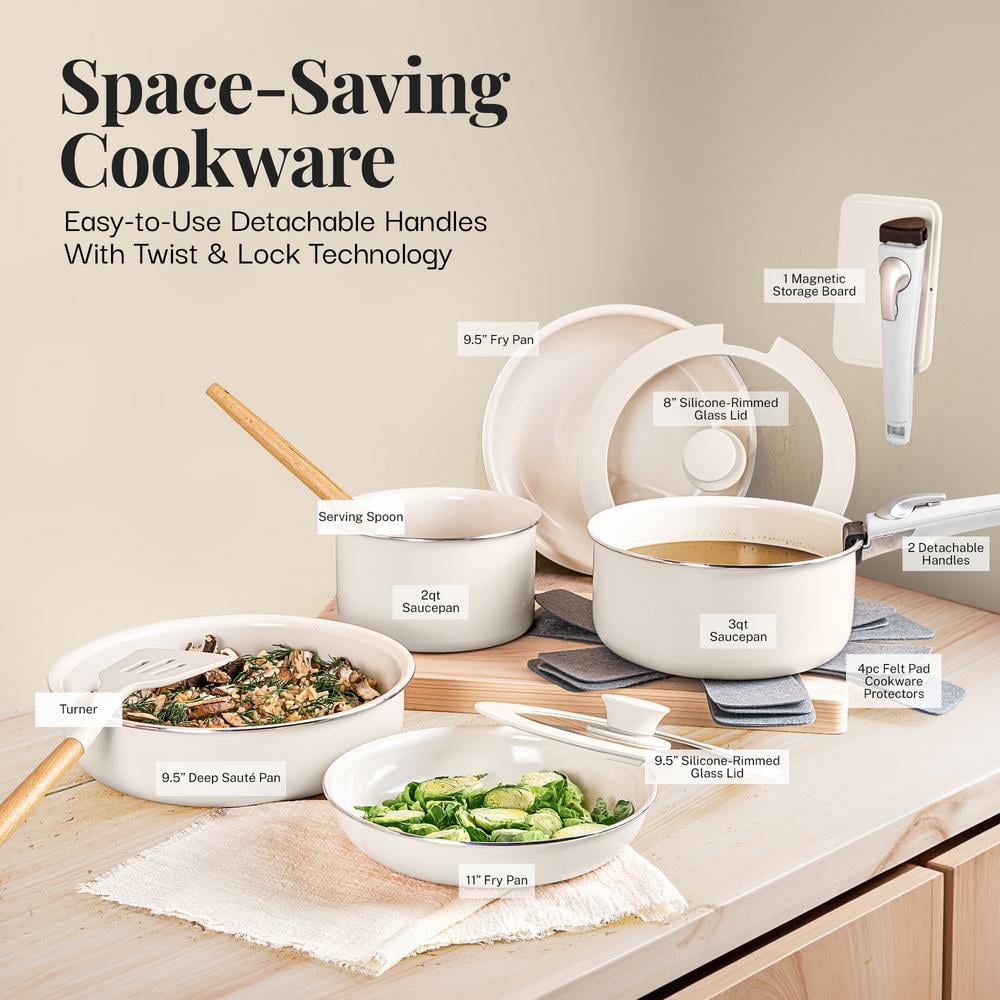 Cream 18-Piece Nonstick Aluminum Cookware Set with Detachable Handles