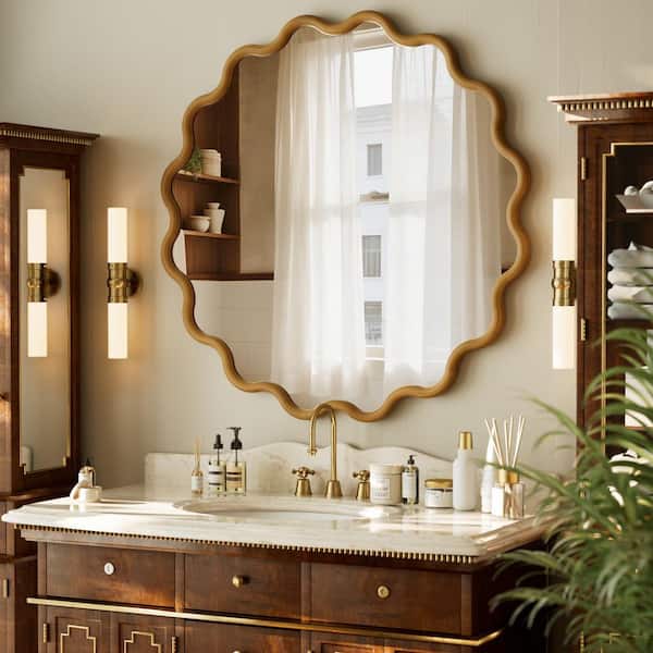 Natural Wood 30 in. W x 30 in. H Wavy Round Solid Wood Framed Rustic Farmhouse Decor Vanity Wall Mirror
