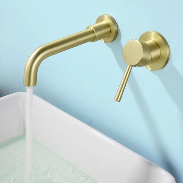 Single-Handle 2-Holes Wall Mounted Bathroom Faucet with Hot/Cold Indicators in Brushed Gold