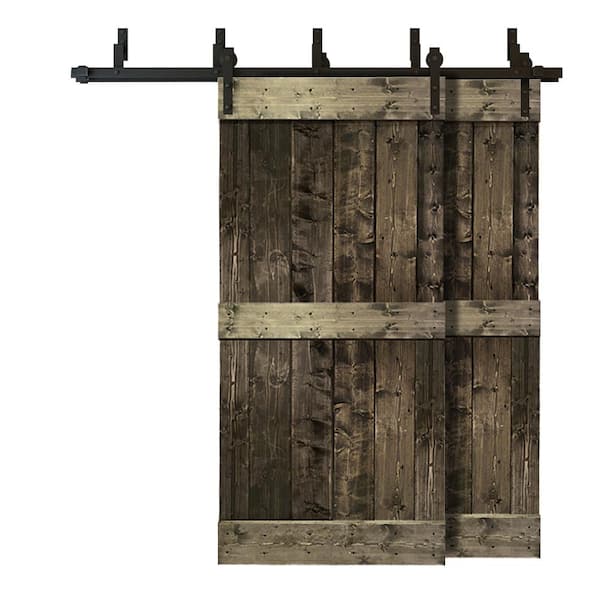 CALHOME 84 in. x 84 in. Mid-Bar Bypass Espresso Stained Solid Pine Wood Interior Double Sliding Barn Door with Hardware Kit