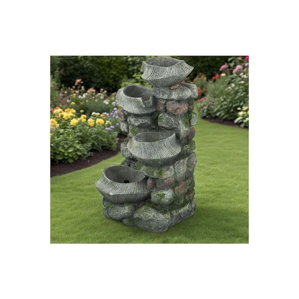 31.5 in. Outdoor 4-Tier Polyresin Waterfall Fountain with LED