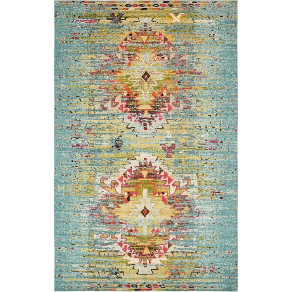 Turquoise and Yellow Abstract Synthetic Stain-Resistant Rug