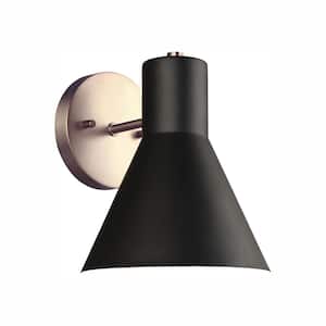 Towner 7 in. 1-Light Satin Brass Modern Contemporary Wall Sconce Vanity Light with Black Metal Shade and LED Bulb