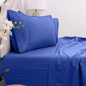 1800 Series 4 Piece Royal Blue Solid Color Microfiber Queen Sheet Set