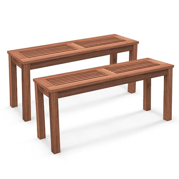Gymax 2-Pieces 2-Person Outdoor Bench Patio Bench w/Slatted Seat Weather Resistant Solid Wood Frame