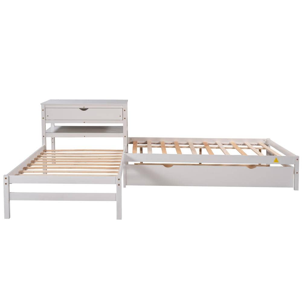 White L-Shaped Full Size and Twin Size Platform Beds with Built Rectangle T