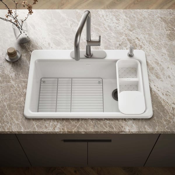 Riverby Workstation Drop-In Cast Iron 33 in. 4-Hole Single Bowl Kitchen Sink Kit with Included Accessories in White