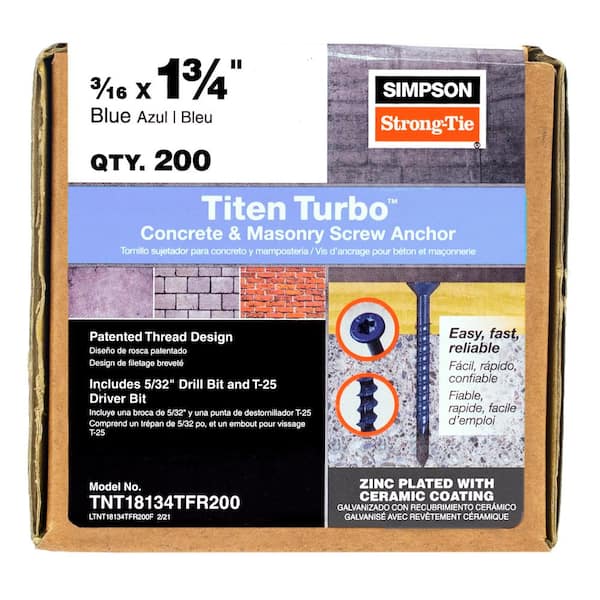 Simpson Strong-Tie Titen Turbo 3/16 in. x 1-3/4 in. 6-Lobe Flat-Head Concrete and Masonry Screw, Blue (200-Piece)