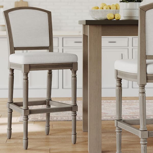 Charleston 31 in. Bar-Height Weathered Gray High-Back Wood Bar Stool with Gray Upholstered Seat