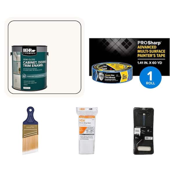 1 gal. White Semi-Gloss Cabinet Paint, 2 in. Sash Brush, Mini Roller Kit, Painter's Tape and Drop Cloth (5-Piece Set)