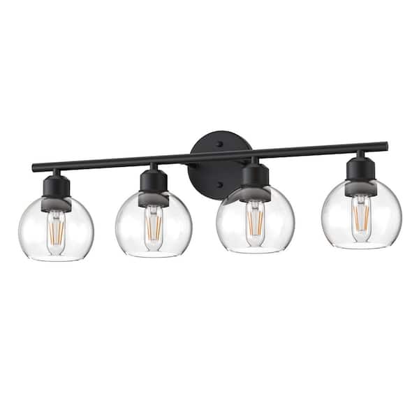 26.37 in. 4-Light Black Vanity Light Fixture with Globe Clear Glass Shades, E26 Bathroom Wall Sconce