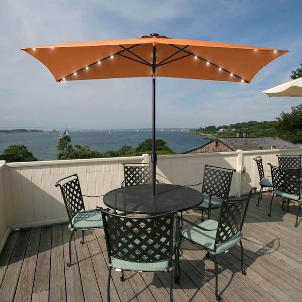 Sonkuki Solar LED 10 ft. x 6.5 ft. Aluminum Rectangle Market Patio Umbrella in Orange with Push-Button Tilt