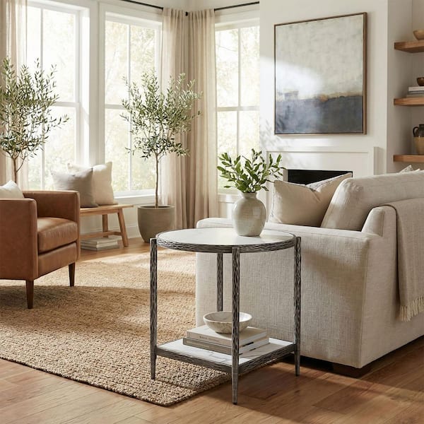 22 in. Gungray Round Metal End Table with Tempered Glass Top