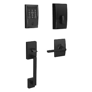 Century Matte Black Encode Plus Smart WiFi Deadbolt and Handleset Grip with Latitude Door Handle and Century Trim