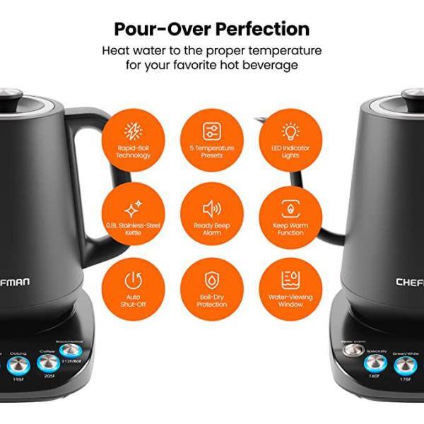 Chefman Black 0.8L Gooseneck Electric Kettle with Temperature Control