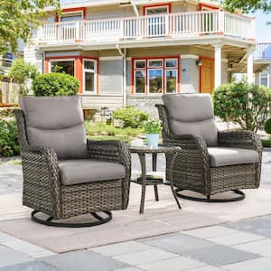 3-Piece Gray Swivel Glider Wicker Outdoor Rocking Chair with Gray Cushions and Side Table