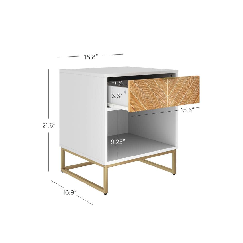 Kensi 18.9" White and Gold Nightstand with Herringbone Wood Drawer