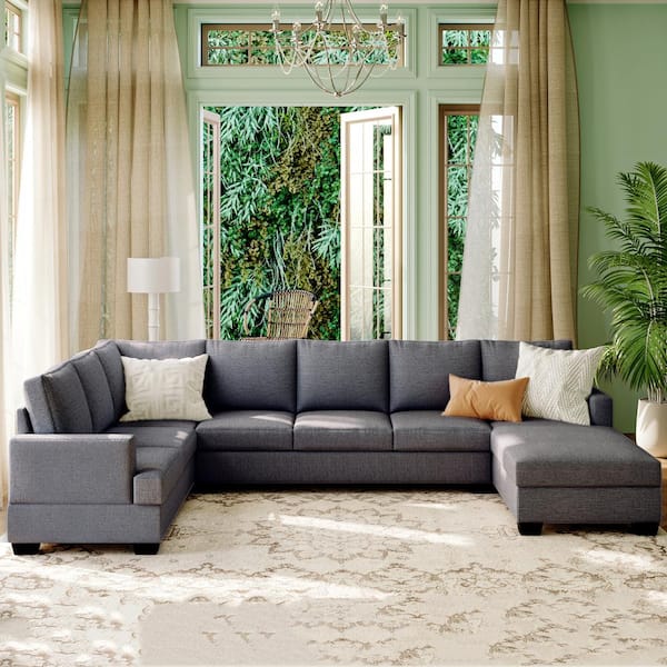 Magic Home 125.6 in. Large U-Shape Upholstered Sectional Sofa with Wide Chaise Lounge Couch, Gray