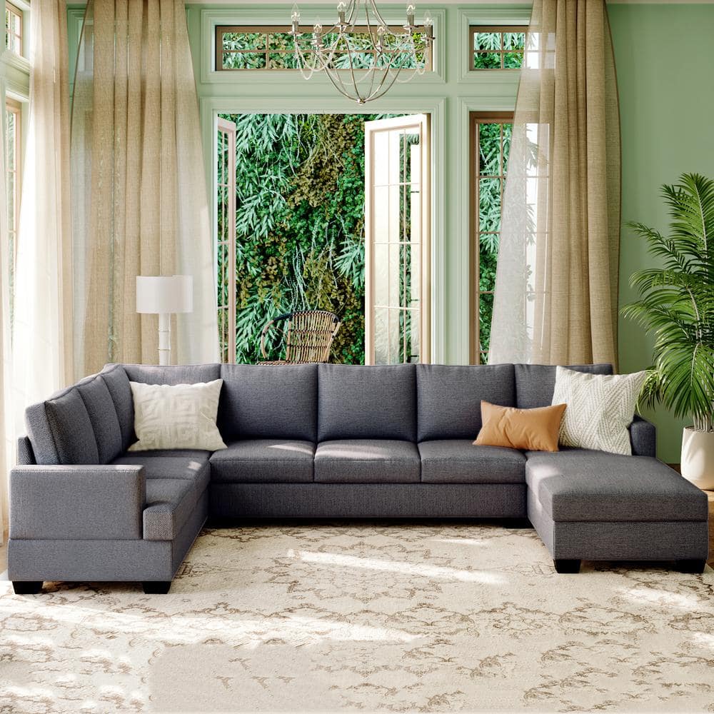 Magic Home 125 6 In Large U Shape Upholstered Sectional Sofa With Wide Chaise Lounge Couch Gray