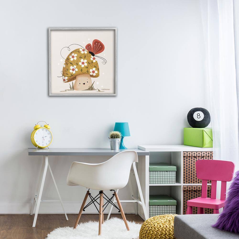 Happy Mushroom and Butterfly by Sarah Hickman Gray Framed Nature Giclee Art Print 24 in. x 24 in. price history on PriceWatchPro
