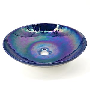 Murano 16 in. Glass Art Vessel Circle Decorative Pattern Bathroom Sink in Celestial Blue